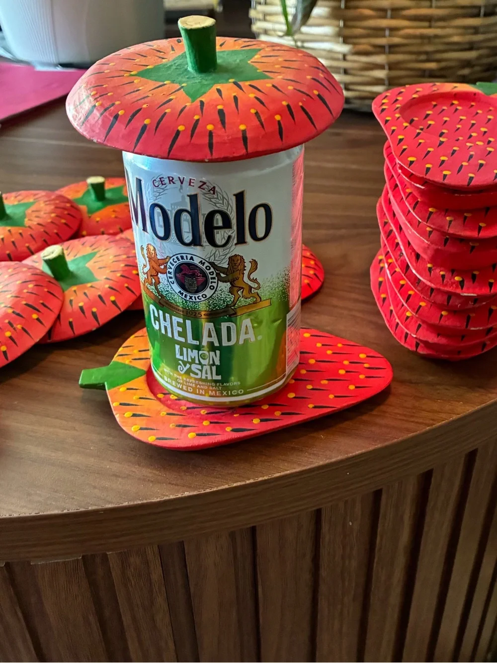 Red Wooden Strawberry vintage Coasters with lid Green Tops, 10 pc -  Party Set